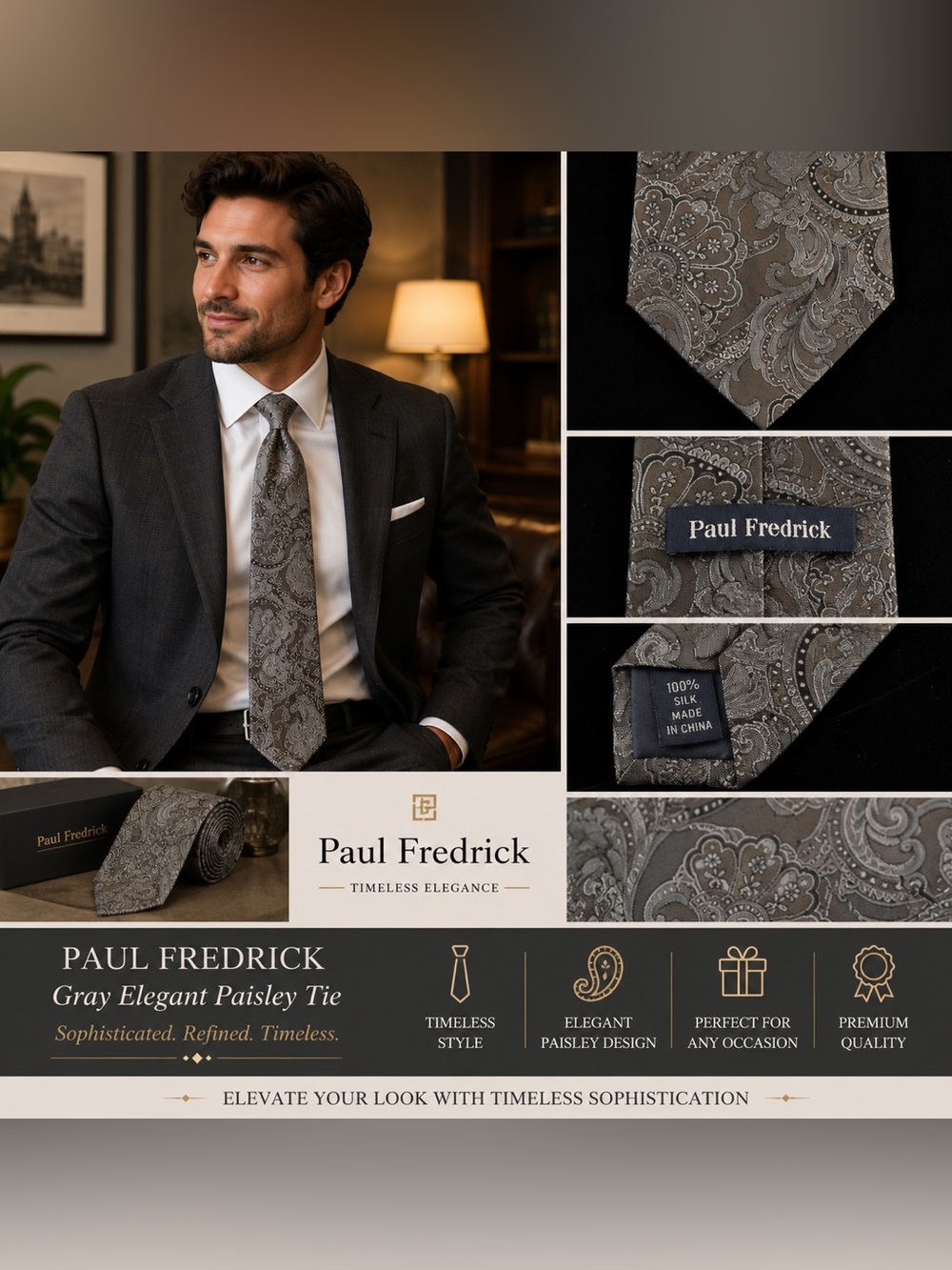 Paul Fredrick Gray Elegant Paisley Tie